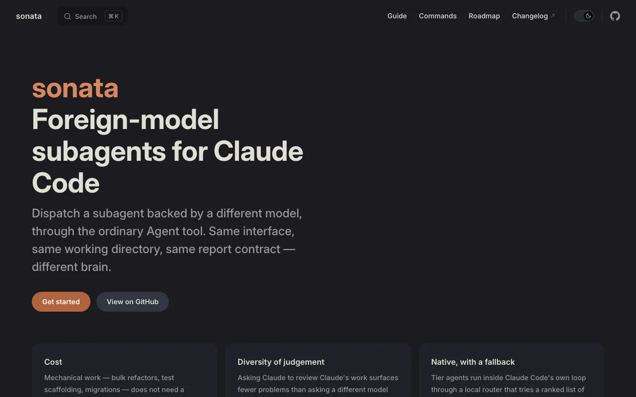 The Sonata documentation site: “Foreign-model subagents for Claude Code” with Get started and View on GitHub buttons.